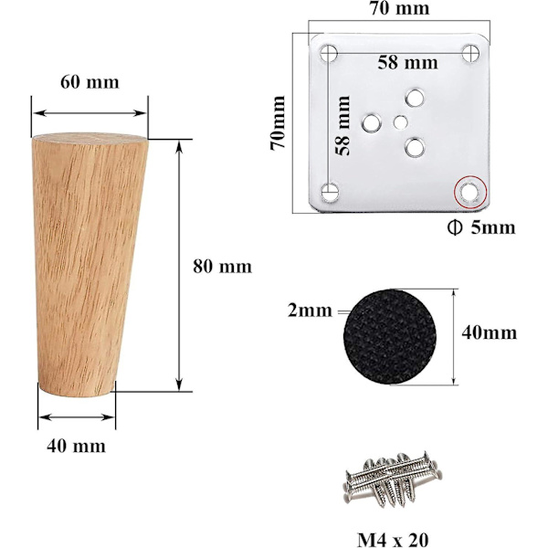 Set med 4 st 8 cm möbelben i trä - valnötsfinish, raka sängben, soffbordben, köksmöbelben med installationstillbehör