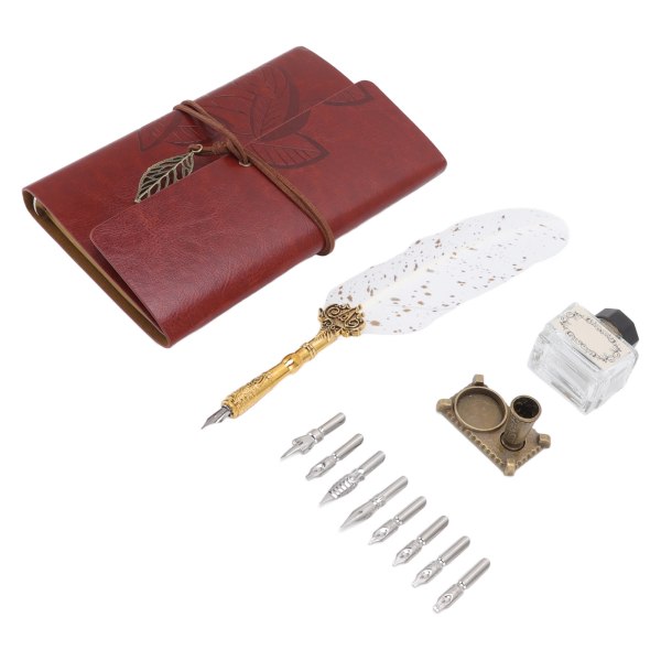 Quill Pen Notebook Set Klassisk lösbladspapper Feather Pen Notebook Present med 8 utbytbara spetsar för äldre lärare Vita prickar