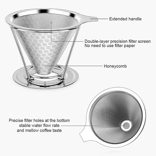 Återanvändbara Kaffefilter, Permanent Filter i Rostfritt Stål - Dubbellagers Precisionsfilterhållare - Handhållet Kaffefilter - Kaffedroppare i Metallkon