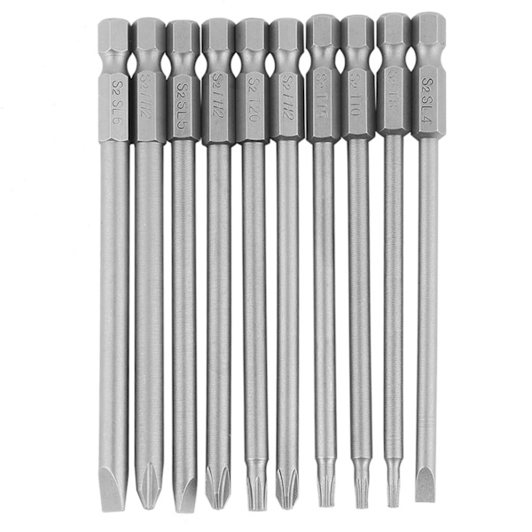 Magnetiske BST skruetrækker bits sæt - 10 stk 100 mm, 1/4" sekskantet skaft (slottet+Cross Security Star)