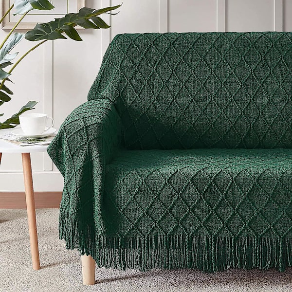 Vihreä pohjoismainen fringed neulottu peitto - yksivärinen pehmeä sohva