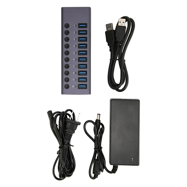 Strömdriven USB-hubb 10 portar individuell switch aluminiumlegering 5 Gbps överföring USB 3.0-hubb för PC bärbar dator HDD 100-240 V EU-kontakt