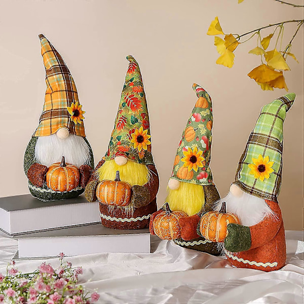4 stk. Høstfestival Solsikke Plysj Gnome med Gresskar, Høst Thanksgiving Håndlagde Svenske Nisser Plysj Dekor Thanksgiving Bordpynt