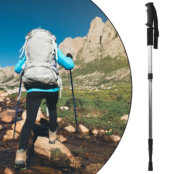 Ulkoilumatkailuun tarkoitettu neliosainen suora trekking-sauva, vaellussauva, vuorikiipeilysauva, kävelysauva (hopea)