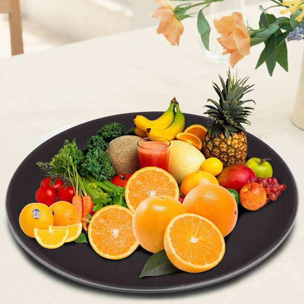 Runde serveringsbrett i plast for tesett, frukt, godteri og mat, svart (28 cm)