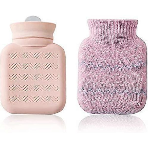 Rosa Liten Varmtvannsflaske, med Strikket Trekk, Mini Håndvarmere i Silikon, Kan Varmes i Mikrobølgeovn, Varm og Kald Terapi Vannposer, Egnet for