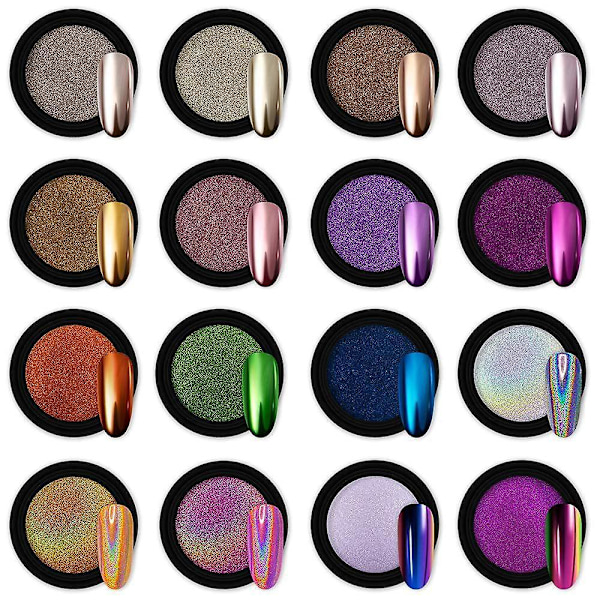 Krom Nagelpuder Metallic Holografisk Aurora Kameleont Pigment 16 Burkar 1g för Nagelkonst Gellack Sjöjungfru Enhörning Doppning