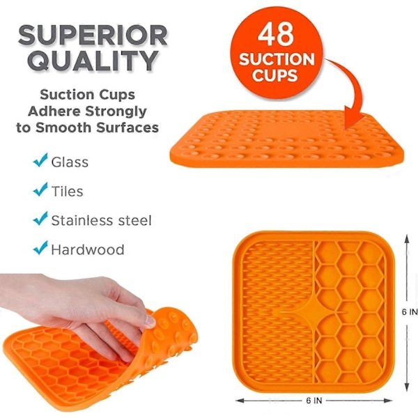 Generisk Långsamätande Slickmatta för Hundar, Hundslick med 15cm Fyrkant 48 Sugkoppar, orange