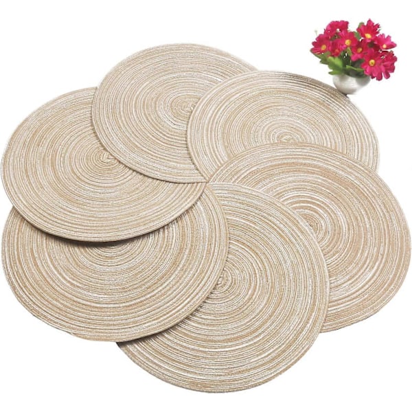 Pyöreät punotut tabletit, 6 kpl, pestävät pyöreät tabletit keittiön pöydälle, 38 cm pyöreät pöytätabletit (Beige, 6)