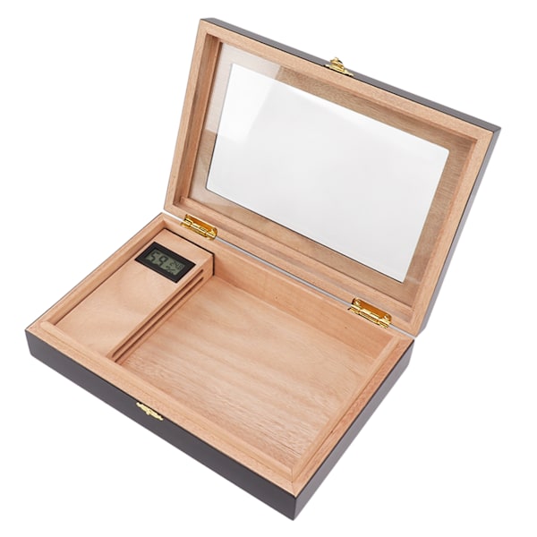 Cigar Humidor Trä Cigarr Skrivbord Låda med Fuktare Hygrometer Transparent Akryl Topp Cigarrfodral för 20 Cigarrer Svart