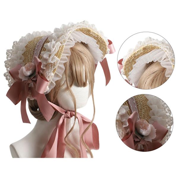 Te-party solhatt halmflätad spetsband rosett blommor söt dam Victorian solhatt för eftermiddagste vinröd fri storlek