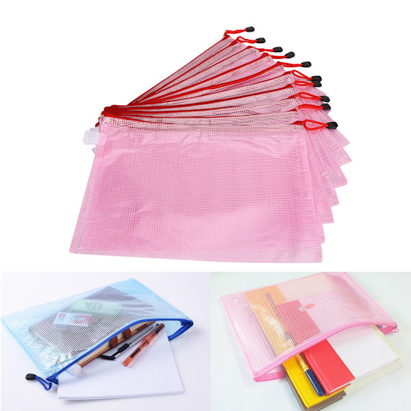 10 st nät dragkedja väska A4 filmapp PVC transparent information pack dokument arrangör ljusrosa