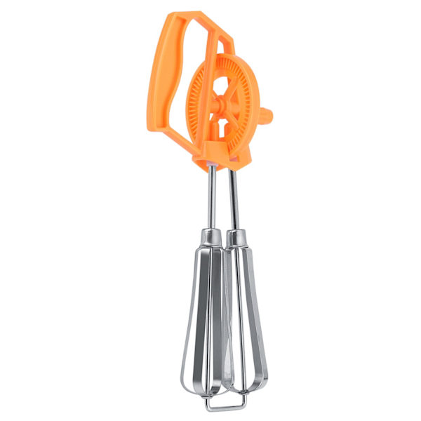 Äggvisp i rostfritt stål och plast, manuell handvisp med automatisk rotation, ansträngningsbesparande, manuell handmixer för hemmakök, matlagning, orange