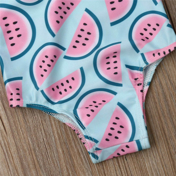 Børns badedragt med vandmelon-print og 3D-blomsterdekoration - Ét stykke badedragt til piger til stranden - Pink og blå - 110 cm/43,3 tommer