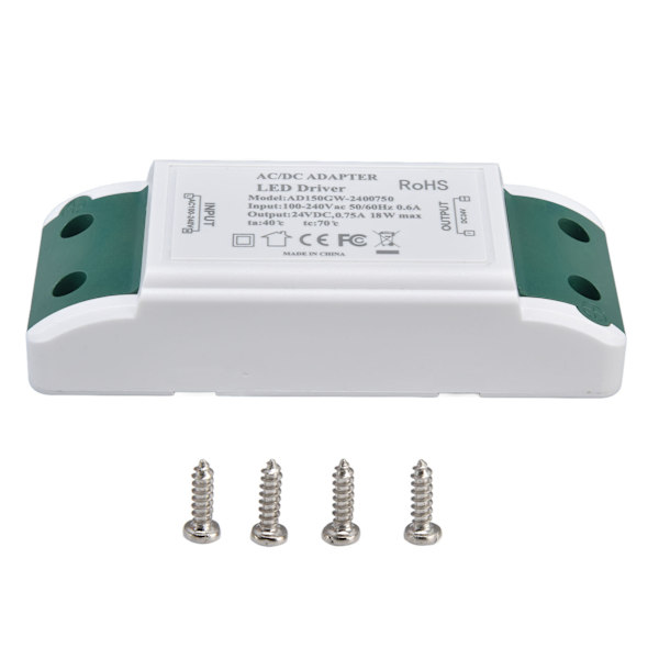 LED-driver 24V DC 0,75A 18W Stillegående drift Konstantstrøm 24V transformator for LED-strips AC100‑240V