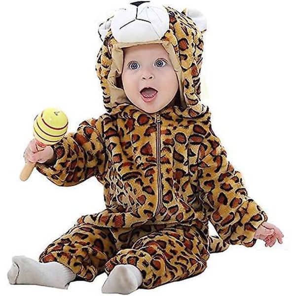 Flanell- baby med huva med tecknad djurdesign för baby och flickor (leopard, storlek 90)
