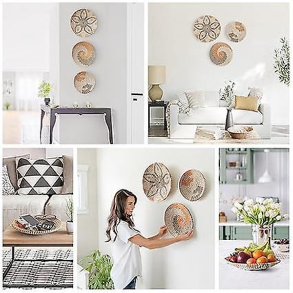 Väggdekoration - Paket med 3 handgjorda väggkorgar i rotting - Väggdekoration Vardagsrum Sovrum Kök Hem Trädgård Balkong Yttervägg - Bohemisk Deco