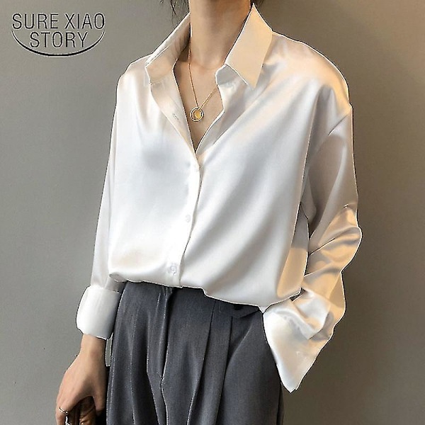 Knap op satin silke hvid skjorte - Dame vintage efterår mode abrikos XXL