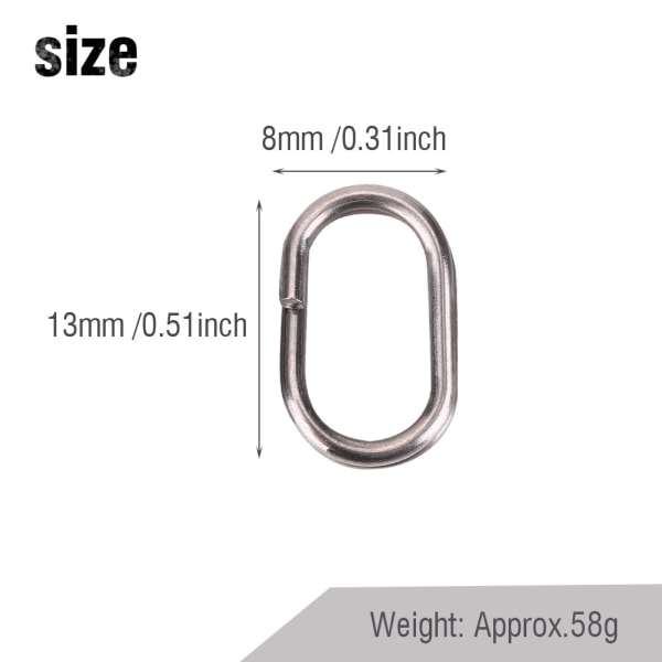 100 stk rustfrit stål ovale splitringe Drejeligt snap fiskegrej forbindelse (8x13mm)