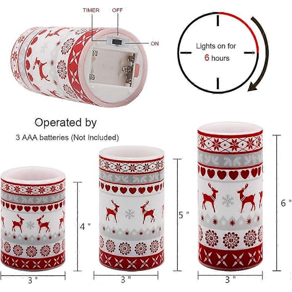 Flammeløse Røde Hjort Vinterlys med Timer, Batteridrevet, Sett med 3