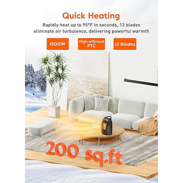 Portabel Elektrisk Element med Termostat, 1500W/750W Säker och Tyst Keramisk Värmefläkt, Värmer Upp till 18 Kvadratmeter för Kontor Rum Skrivbord Inomhus AnvändningB