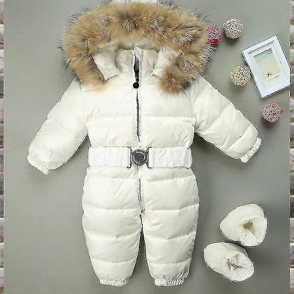 Mysig babyhuva overall - Unisex sparkdräkt för 0-24 månader med pälskrage 60cm Vit