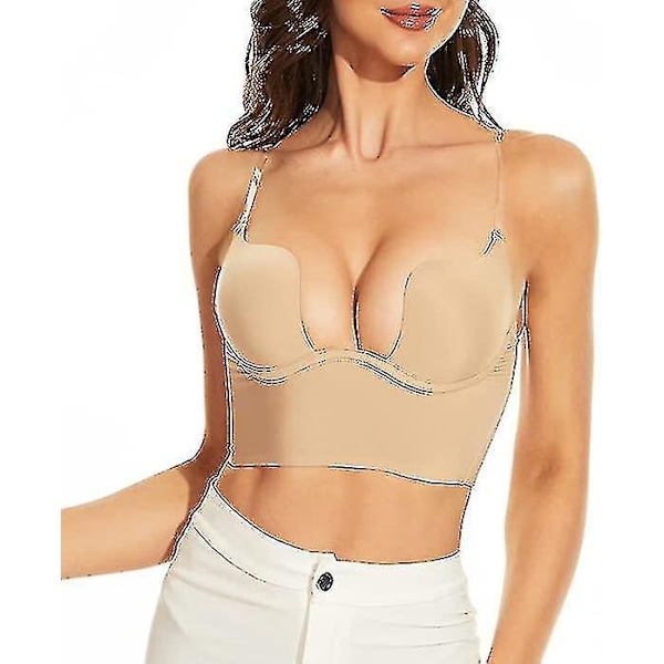 Djup U-ringad Rygglös BH för Kvinnor, Bygel Lyftande, Låg Rygg, Passar Alla Stilar - Beige, 38D