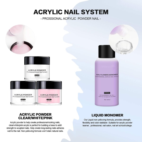 Akryl Nagelpulver Set Akryl Pulver och vätska Set med nagelborste Naglar Art Dekoration Extension Manikyr Verktyg