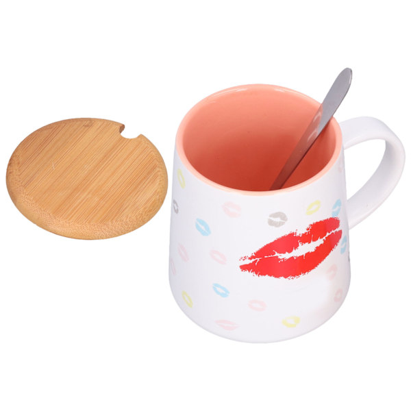Keramisk krus kaffekopp 450ml Nydelig trykk te drikkekopp med skje trelokk for daglig bruk Rosa