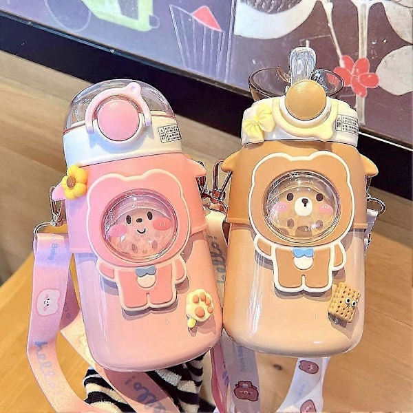 Kawaii Vannflaske med Sugerør, Søte Vannflasker med 3D Kawaii Klistremerke, Rustfritt Stål Vannflaske 600ml (Kaffe)