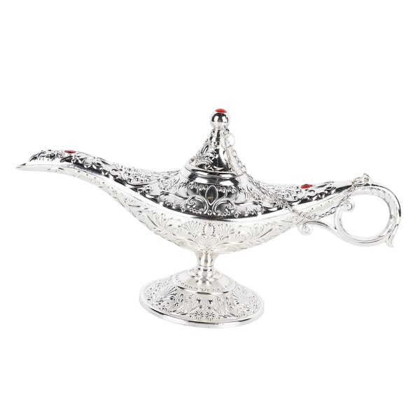 Arabisk Lampe Vintage Metall Bordpynt Ønskelampe Dekorasjon til Stue Fest Kontor Sølv