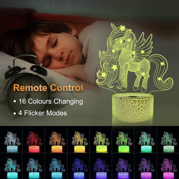 3D Enhjørning Lampe Fe Illusion Lampe 16 Farver og Optik
