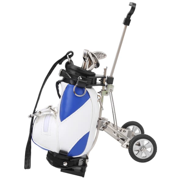 Skrivebordsgolfpennsett 3 kulepenner og miniveske sinklegering golfpennholder blå hvit