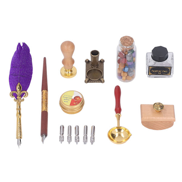 Fjäder Pen Set Retro Utsökt Quill Pen Spets Smältvax Sked Bas Bläck Stämpel Kalligrafi Pen Quill Pen Kit Lila