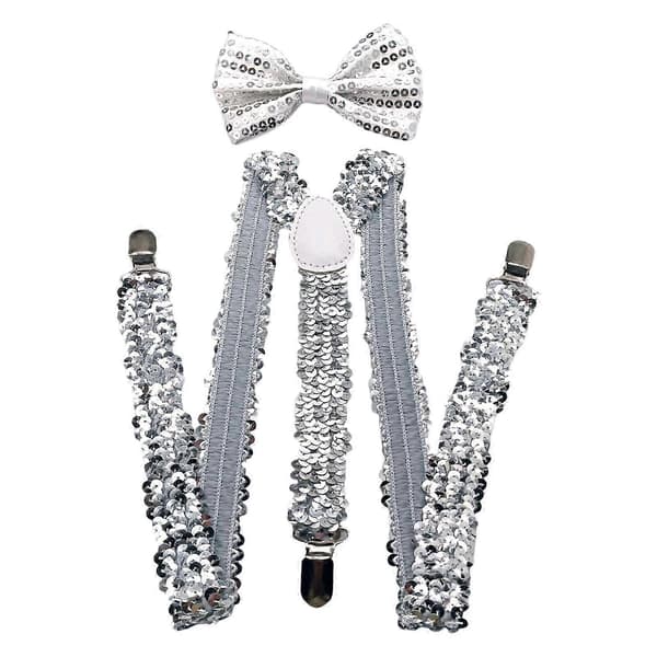 Mode Paillet Seler Tuxedo Butterfly til mænd Justerbare Elastiske Seler til Musikfestival Formel Begivenhed Silver