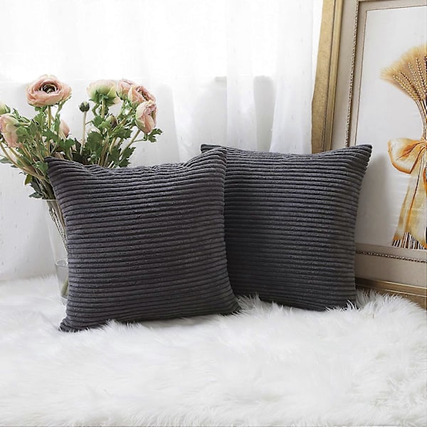 Kuddfodral Mjuka Dekorativa Randiga Manchester Sammet Fyrkantiga Prydnadskuddar Soffa Kuddöverdrag Set, Set om 2, 45x45 cm (18x18 tum), Mörkgrå
