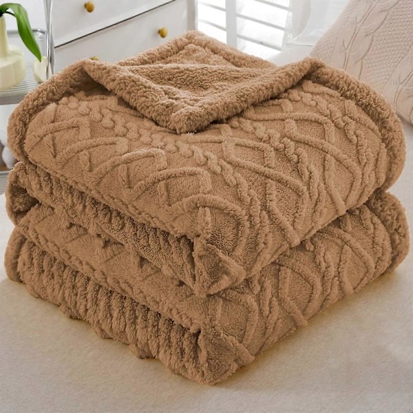 Sherpa Fleece Plaider, Vintertæpper, Vendbar Hyggelig Blød Plaider til Seng, Sofa, Stol, Store Jacquard Coral Fleece Plaider, 150x200cm