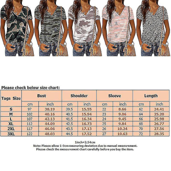 Camouflage V-hals Kortærmet Leopard Print Kvinders Sommer T-shirt