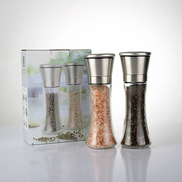 Køkkenopbevaringstilbehør 2 stk. Salt- og peberkværn, børstet rustfrit stål og glaskværne, justerbar keramisk kværn 24 cm