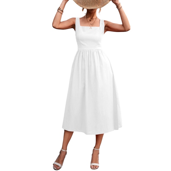 Afslappet, løs, firkantet hals-kjole - hvid (1 stk) M