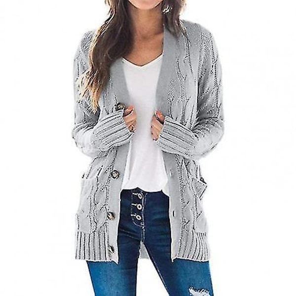 Knit V-Neck Cardigan Sweater with Twist Pattern Grey M