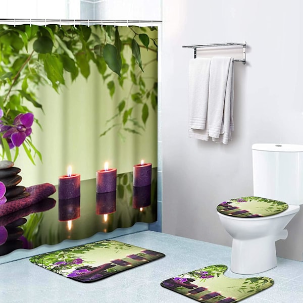 Sæt med 4 Bruseforhæng med 12 Kroge, Grøn Blomster Spa med Skridsikker Måtte, Toiletlåg og Brusemåtte, Holdbar og Vandafvisende, til Badeværelsesindretning Ki