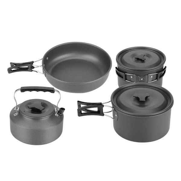 Camping-köksredskap i aluminiumlegering, gryta, tekanna, stekpanna, tallrik, skål, soppsked för utomhusresor