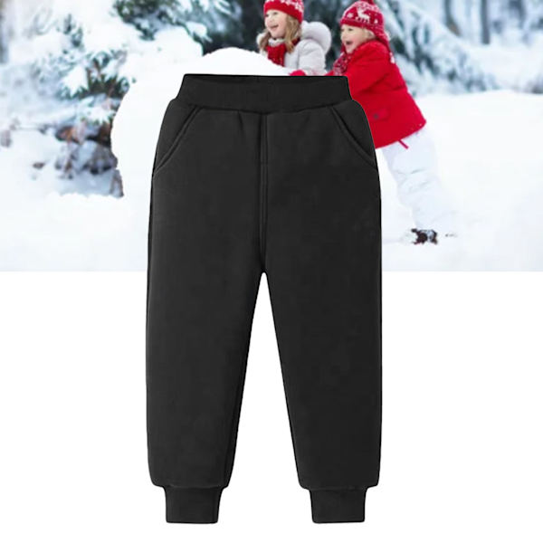 Barn Fleece Joggingbyxor Elastisk Midja Super Mjuk Bomull Casual Varma Fleecebyxor för Utomhus Vinter Svart L