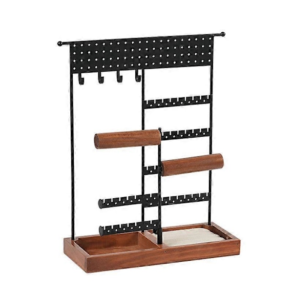 Svart Smyckesdisplay med 4 Våningar - Träbricka - Smyckeshållare för Kvinnor - Hållare för Örhängen, Halsband, Armband & Ringar