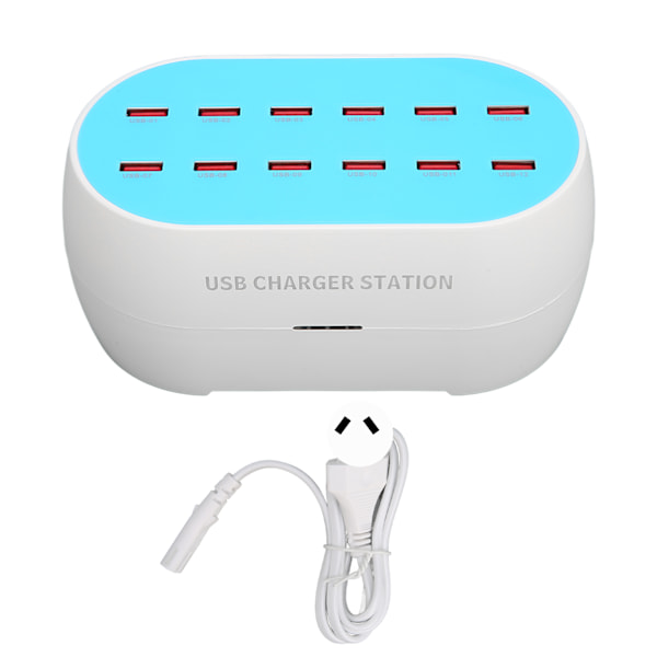 120W 12-port USB-opladningsstation, bærbar, varmebestandig USB-hub-oplader, 100-240V AU-stik