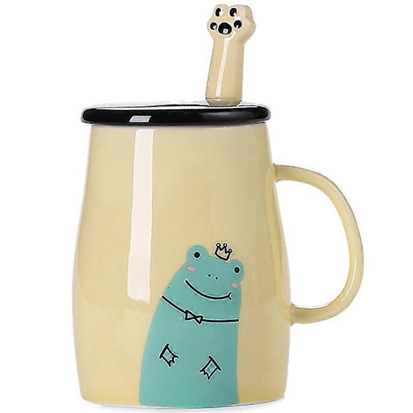 Krus keramikkop med låg og ske sød tegneserie, keramisk kaffekop, 414 ml stor kapacitetskop vandkop kaffekop (grøn)