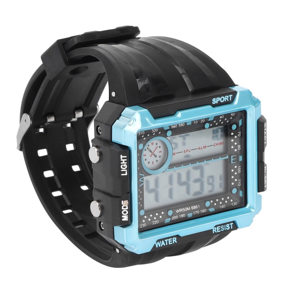 Elektronisk klokke for menn Nattlys Vanntett Stor urskive Dual Time Digital Sports Watch Black Blue