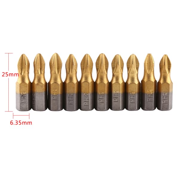 Titaniumbelagte PH2 Magnetiske S2 Skruetrækkerbits Sæt (10 stk, 1/4\" Hex Skaft, 25mm Længde)