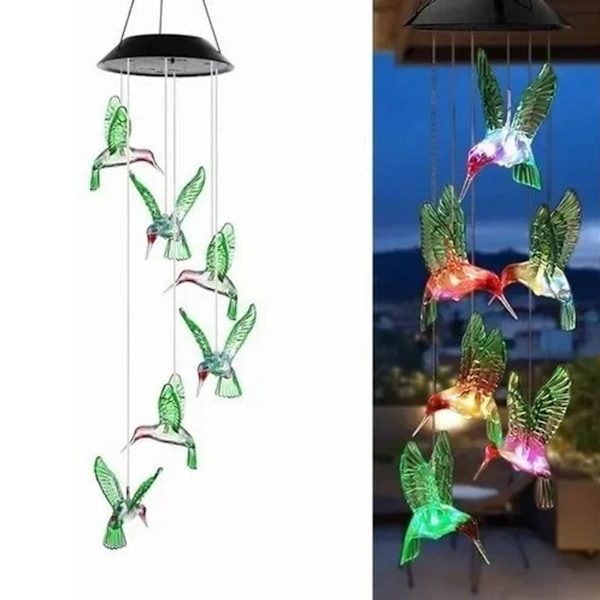 Aurinkokäyttöiset linnun tuulikellot valon väriä vaihtava vedenpitävä musta kuori ulkoilma LED tuulikellot valo puutarhaan parvekkeelle pienet värilliset linnut
